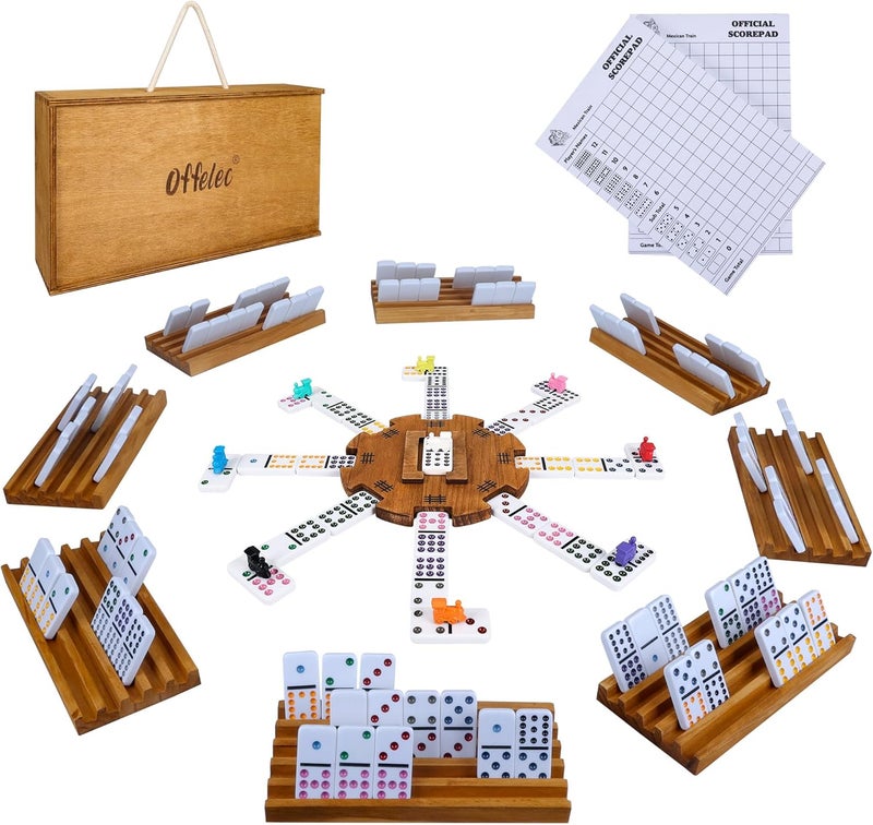 Offelec Mexican Train Dominoes Set with 8 Holders, Double 12 Dominos Set for Adults, Mexican Dominoes Train for Kids and Family Game, Mexican Train Games with 91 Colored Tile Dominos and Wooden Box - Image 1